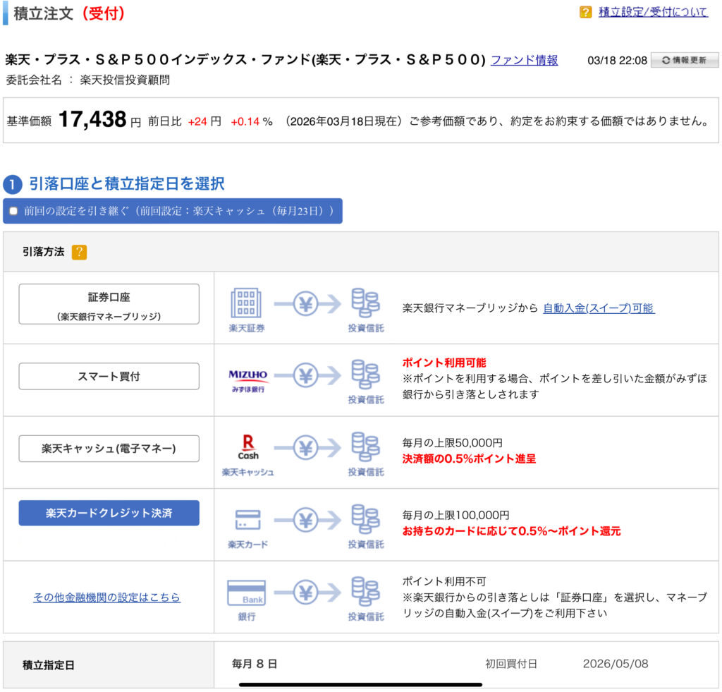 楽天証券の楽天カード積立設定画面